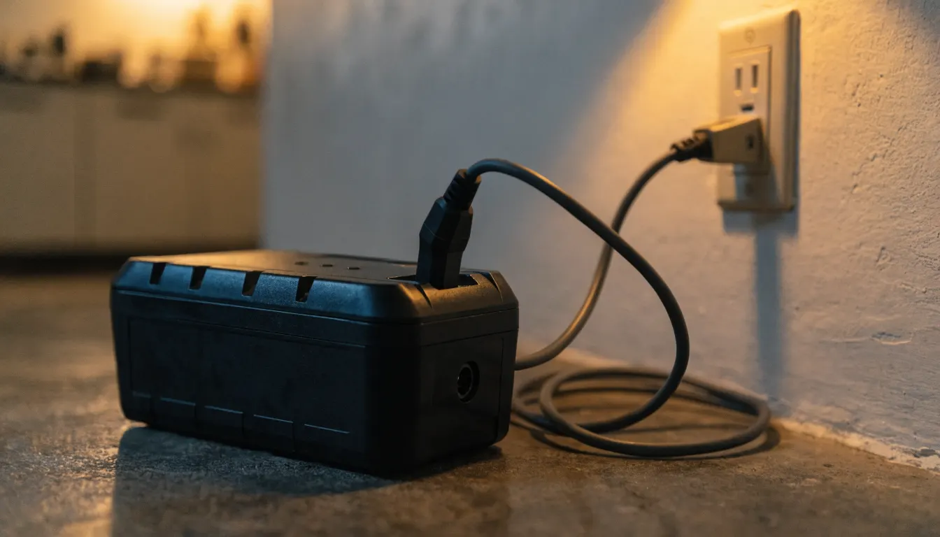 Sökülebilir elektrikli bisiklet bataryası yerde, şarj kablosu takılı, arkada duvar prizi