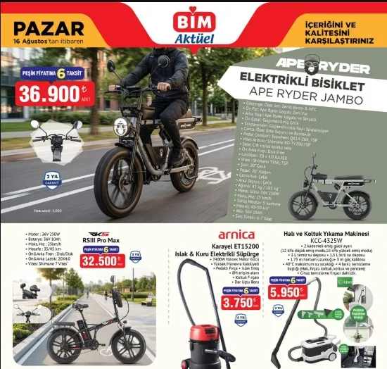 BİM 16 Ağustos aktüel kataloğunun üst bölümü: Ape Ryder Jambo 36.900 TL ve RKS RSIII Pro Max 32.500 TL