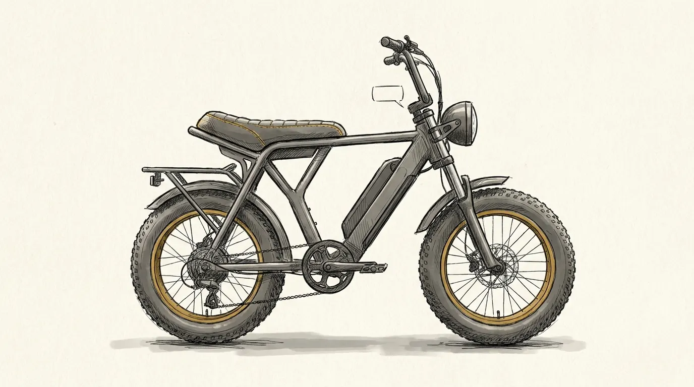 Moped tipi elektrikli bisiklet, uzun tek parça sele ve kalın tekerlekler