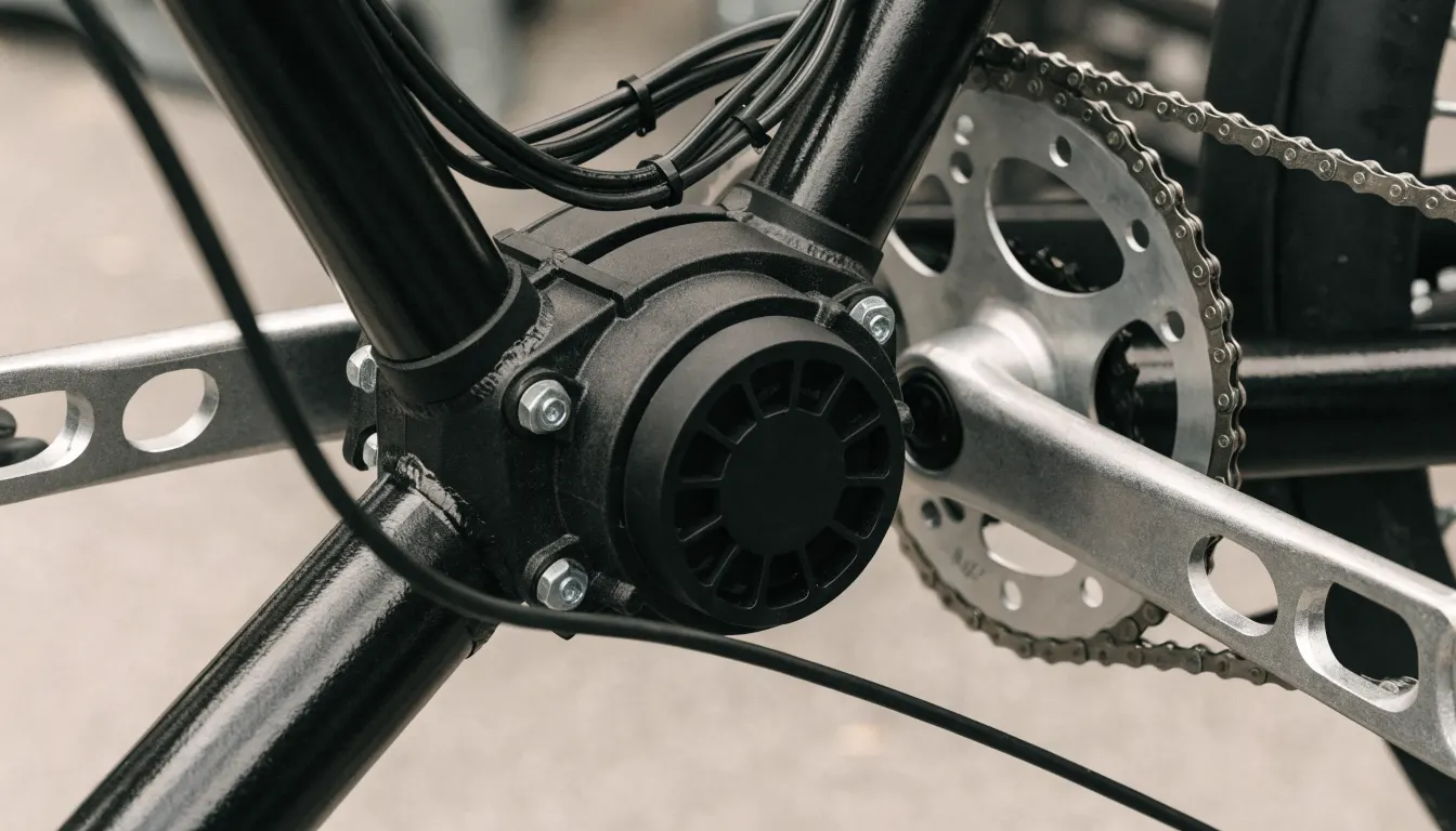 Elektrikli bisikletin pedal kollarının arasında, kadronun alt birleşim noktasındaki orta motor ünitesi